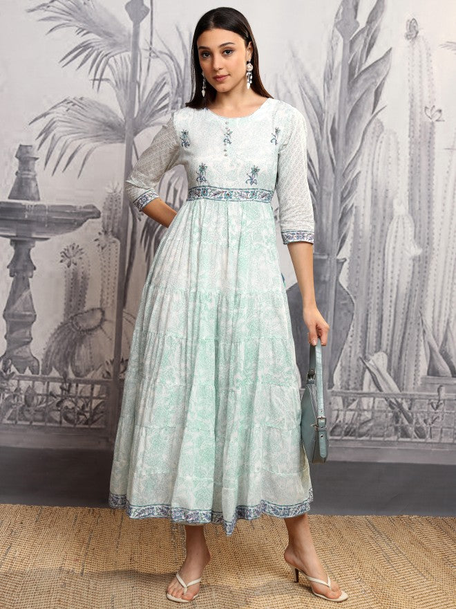 Vishudh Women Blue Printed A-Line Dress - Blue - Image 2