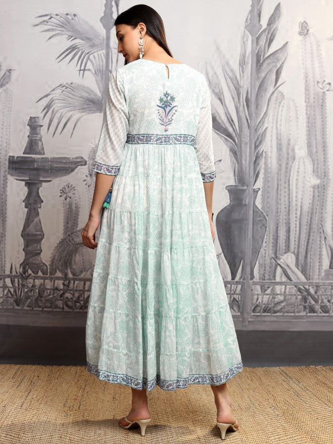 Vishudh Women Blue Printed A-Line Dress - Blue - Image 3