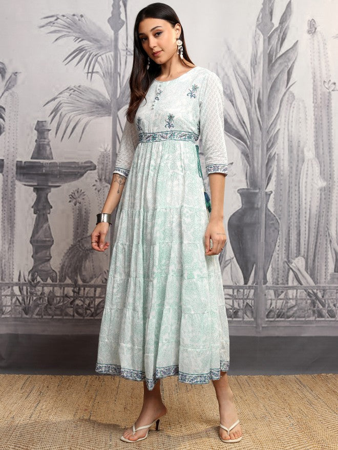 Vishudh Women Blue Printed A-Line Dress - Blue - Image 4