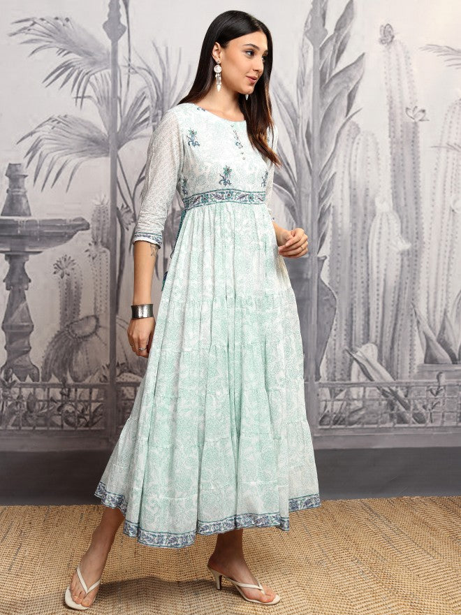 Vishudh Women Blue Printed A-Line Dress - Blue - Image 6