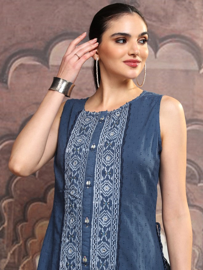Vishudh Women Blue Embroidered Shift Dress - Blue - Image 1