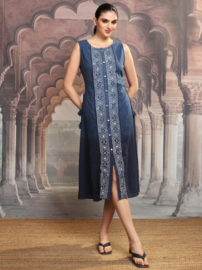 Vishudh Women Blue Embroidered Shift Dress - Blue - Image 2