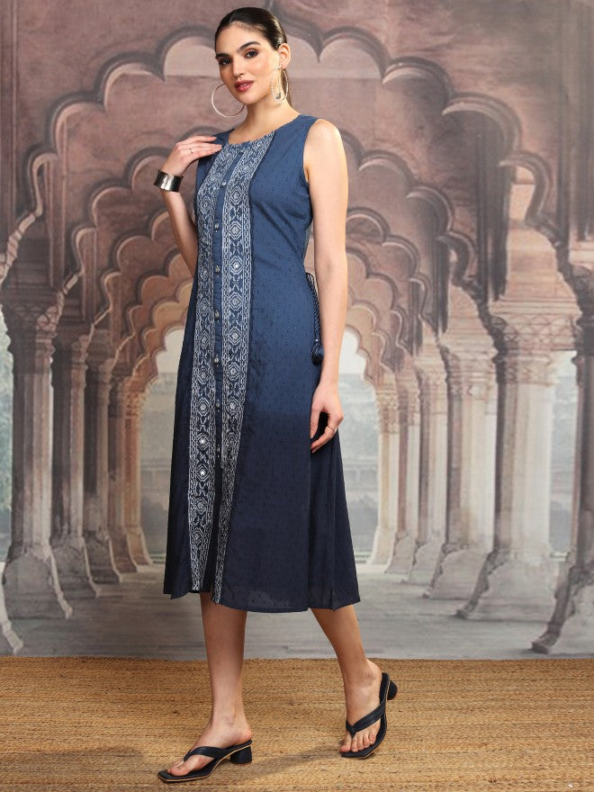 Vishudh Women Blue Embroidered Shift Dress - Blue - Image 4