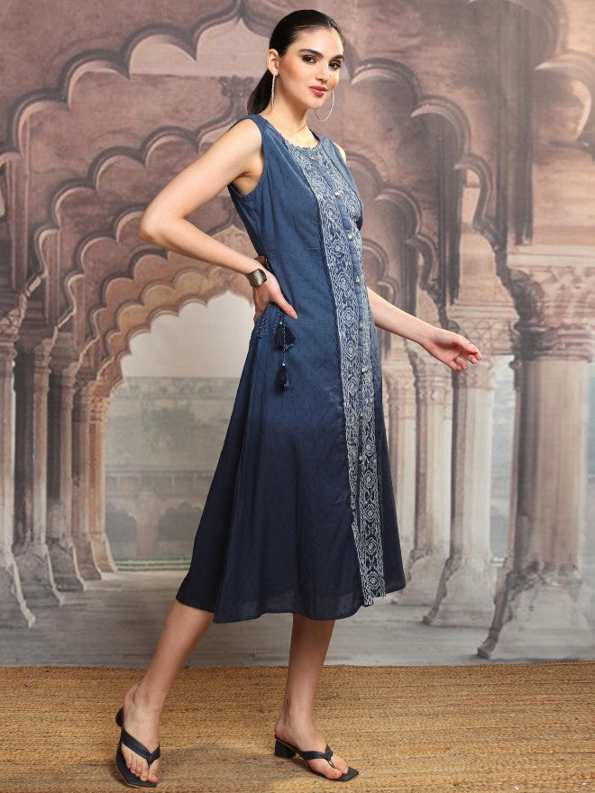 Vishudh Women Blue Embroidered Shift Dress - Blue - Image 6
