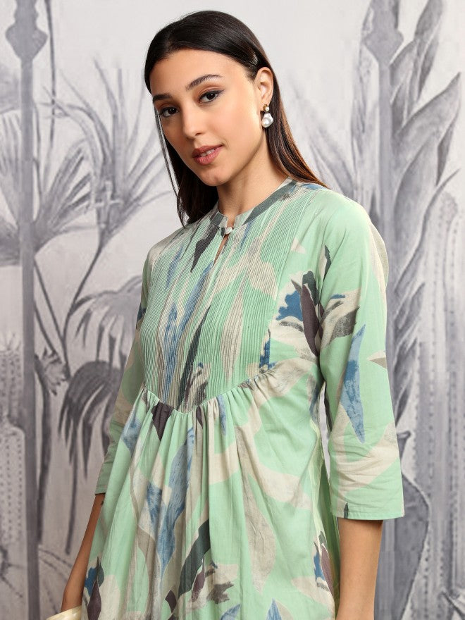 Vishudh Women Green Printed A-Line Dress - Green - Image 1
