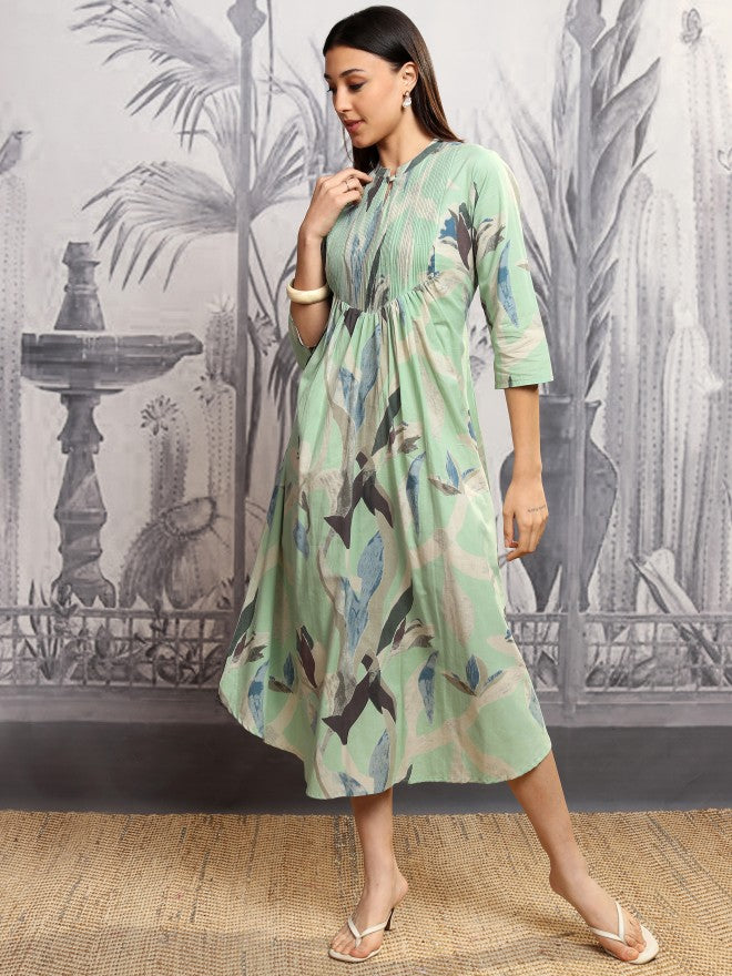 Vishudh Women Green Printed A-Line Dress - Green - Image 2