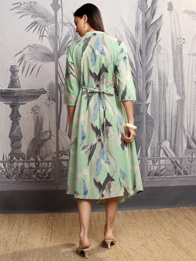 Vishudh Women Green Printed A-Line Dress - Green - Image 3