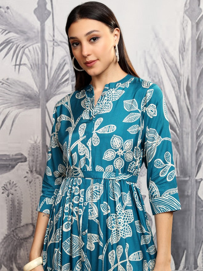 Vishudh women Teal Printed Maxi Dress - Teal - Image 1