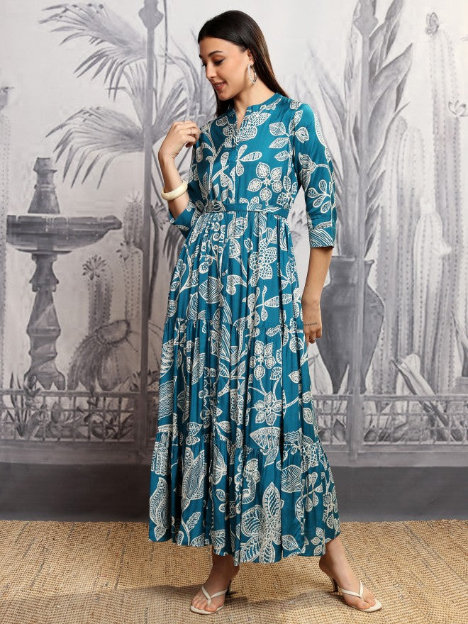 Vishudh women Teal Printed Maxi Dress - Teal - Image 2
