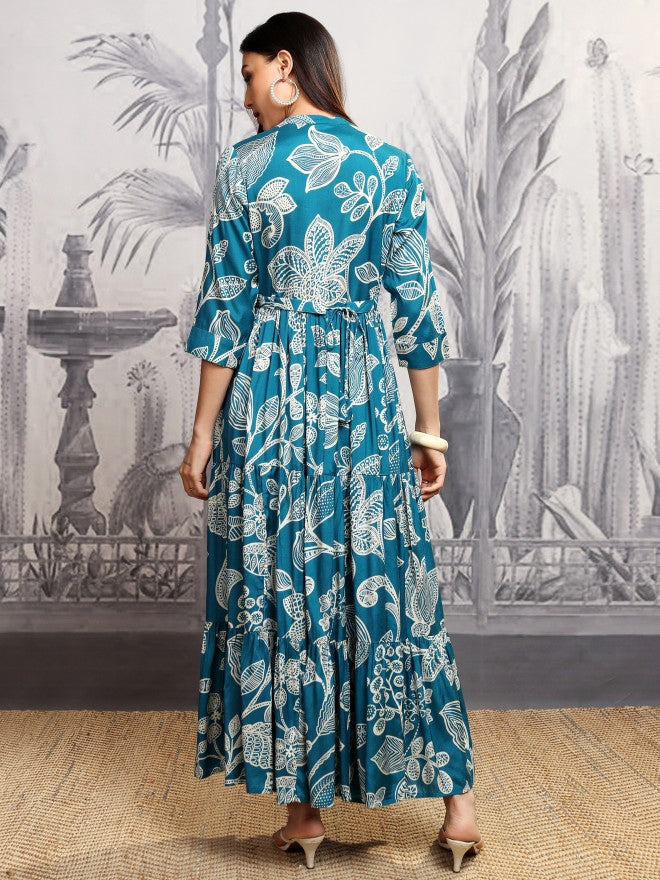 Vishudh women Teal Printed Maxi Dress - Teal - Image 3