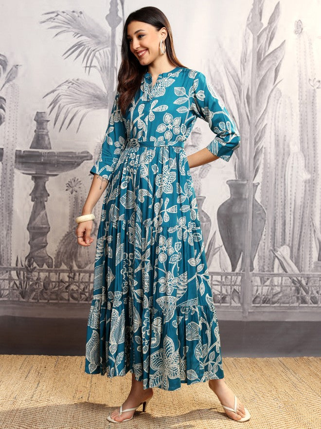 Vishudh women Teal Printed Maxi Dress - Teal - Image 4