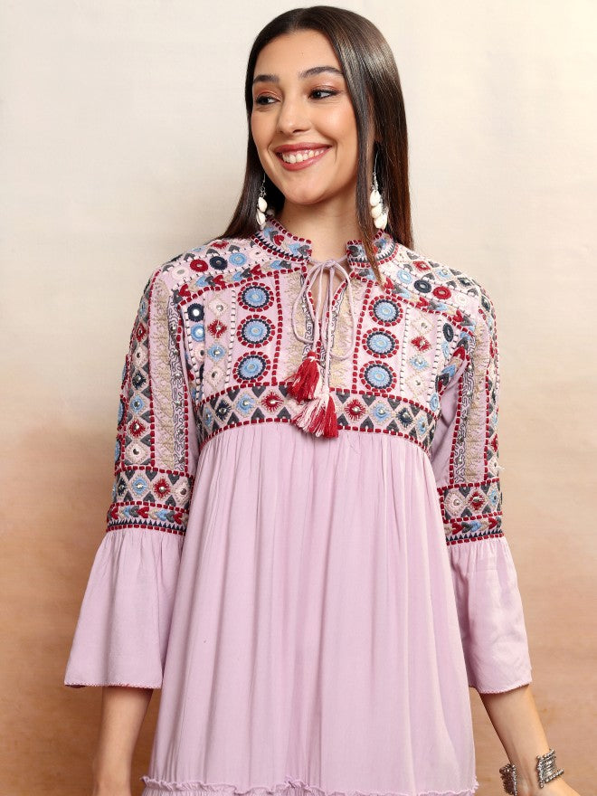 Vishudh women Lavender Embroidered Drop-Waist Dress - Lavender - Image 1