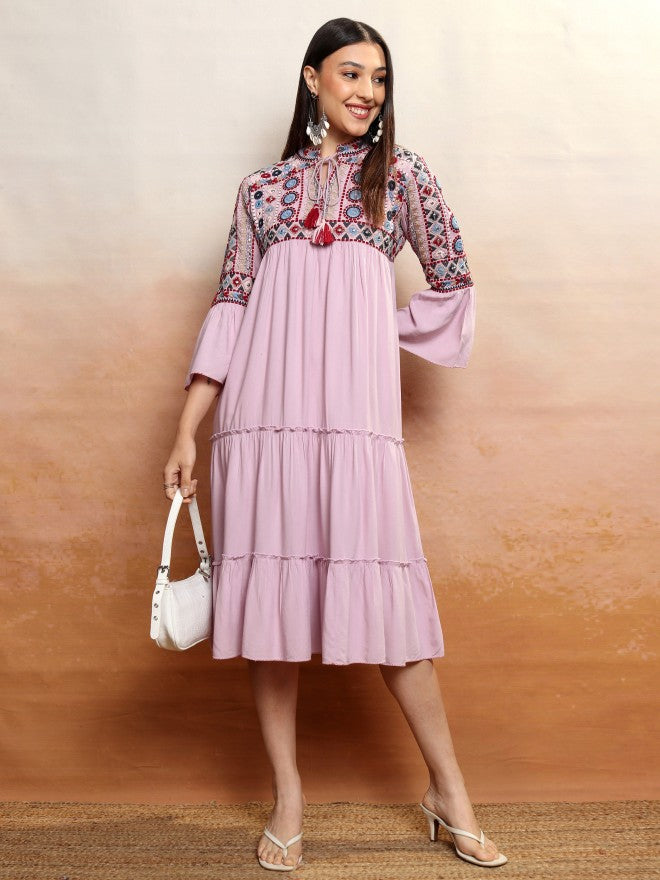 Vishudh women Lavender Embroidered Drop-Waist Dress - Lavender - Image 2