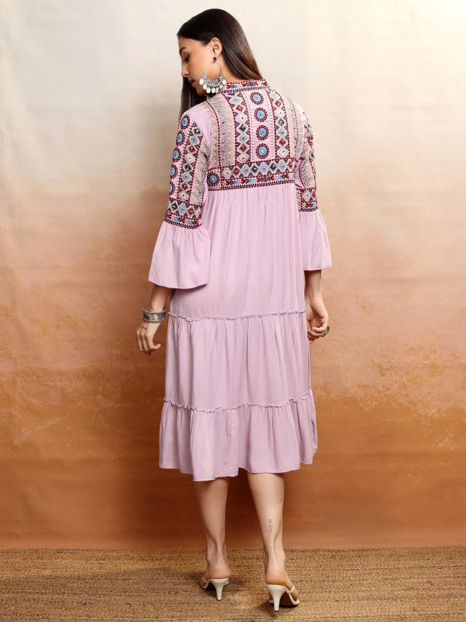 Vishudh women Lavender Embroidered Drop-Waist Dress - Lavender - Image 3