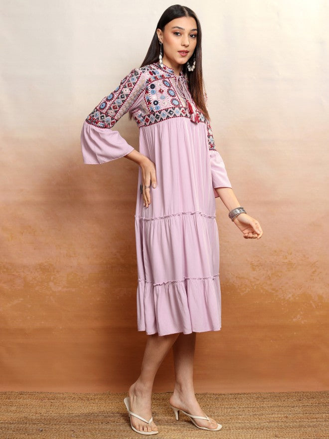Vishudh women Lavender Embroidered Drop-Waist Dress - Lavender - Image 4