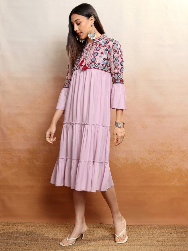 Vishudh women Lavender Embroidered Drop-Waist Dress - Lavender - Image 6