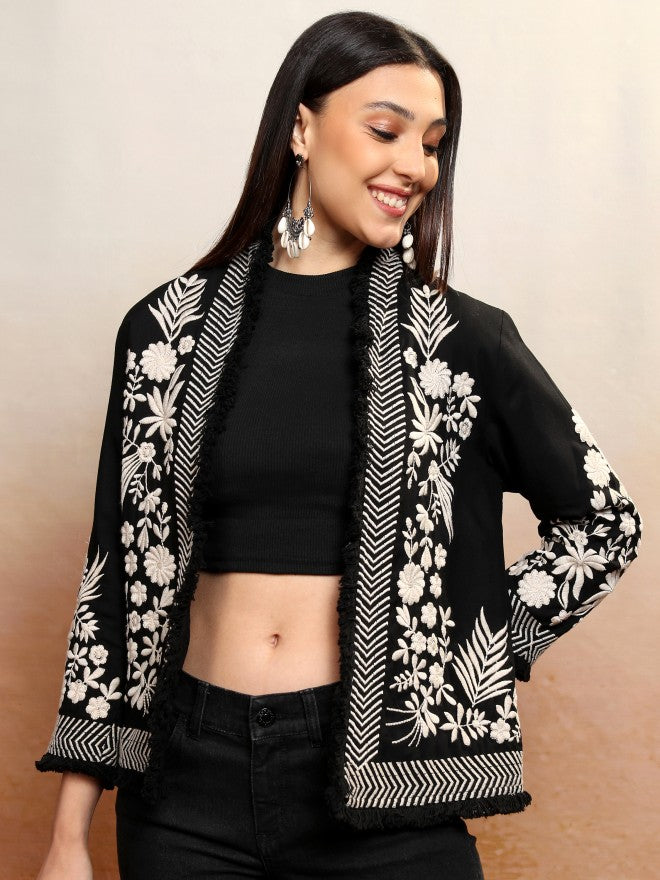 Vishudh Women Black Open Front Jacket - Black - Image 1
