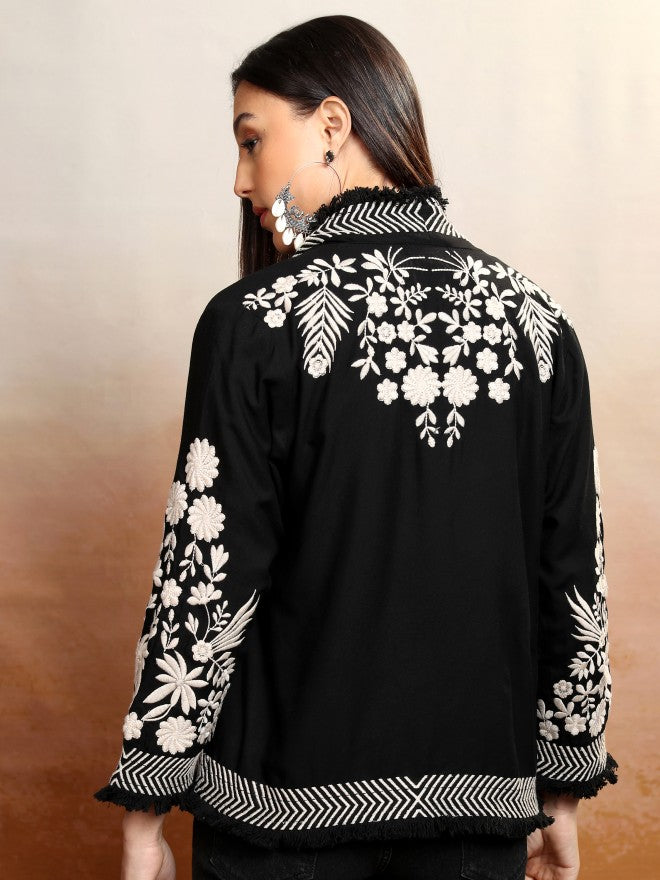Vishudh Women Black Open Front Jacket - Black - Image 3