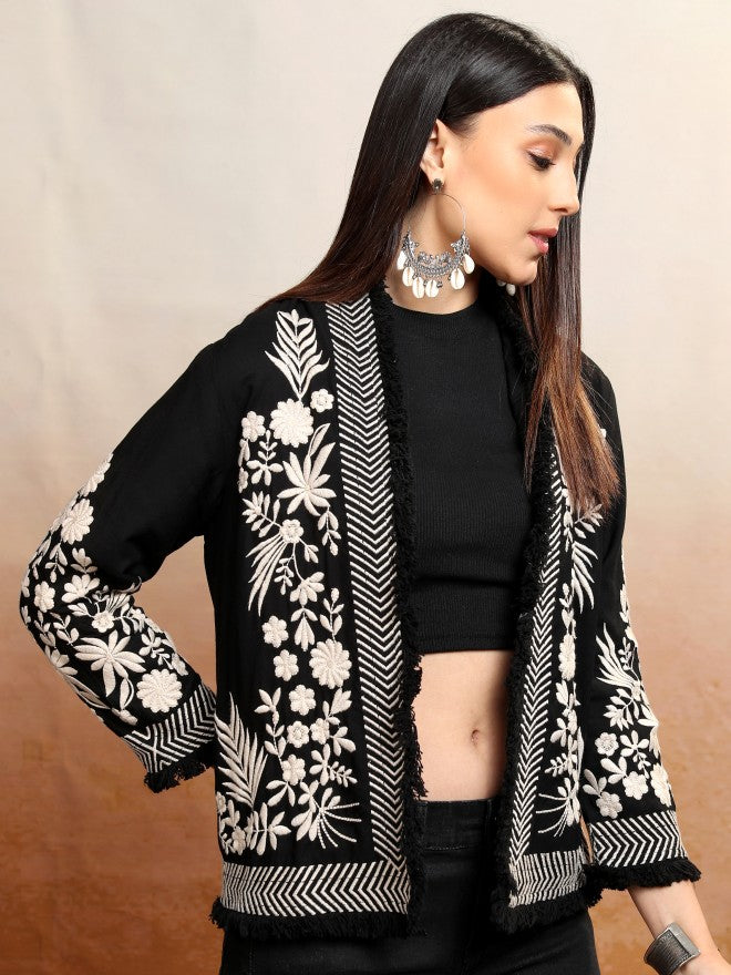 Vishudh Women Black Open Front Jacket - Black - Image 6