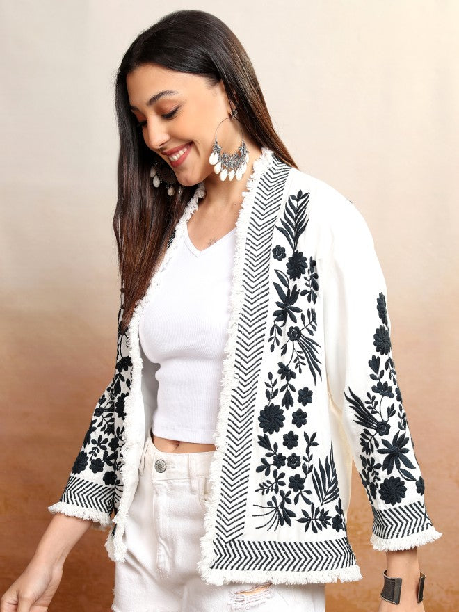 Vishudh Women White Open Front Jacket - White - Image 4