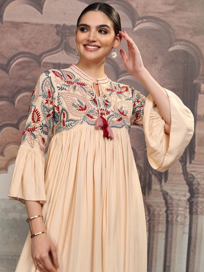 Vishudh Women Beige Embroidered Maxi Dress - Beige - Image 1
