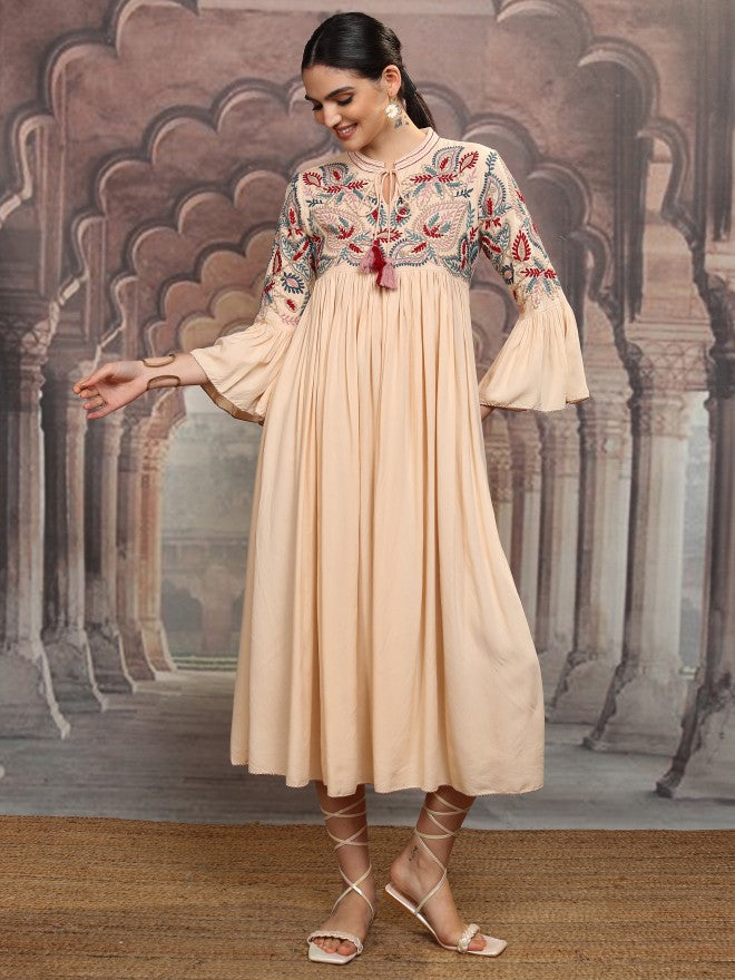 Vishudh Women Beige Embroidered Maxi Dress - Beige - Image 2