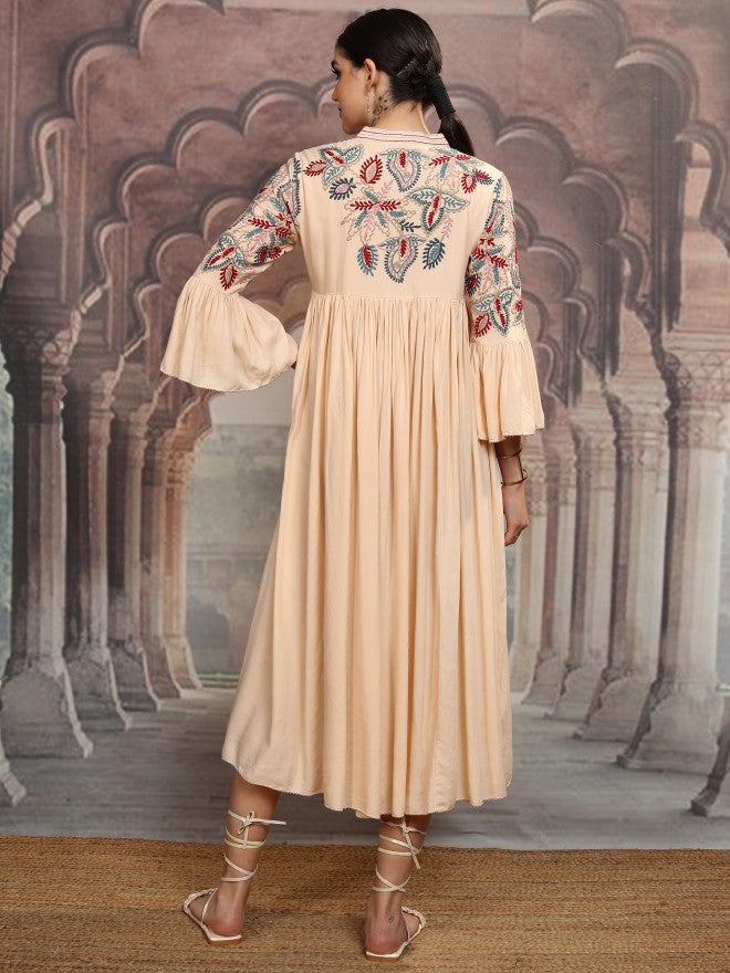 Vishudh Women Beige Embroidered Maxi Dress - Beige - Image 3