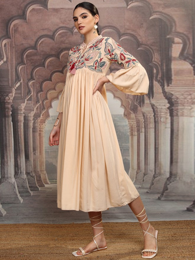Vishudh Women Beige Embroidered Maxi Dress - Beige - Image 4