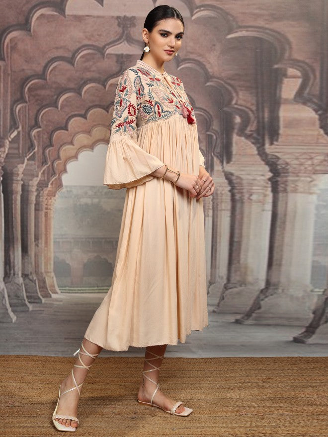 Vishudh Women Beige Embroidered Maxi Dress - Beige - Image 6