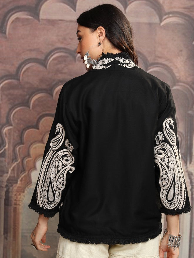 Vishudh Women Black Open Front Jacket - Black - Image 3