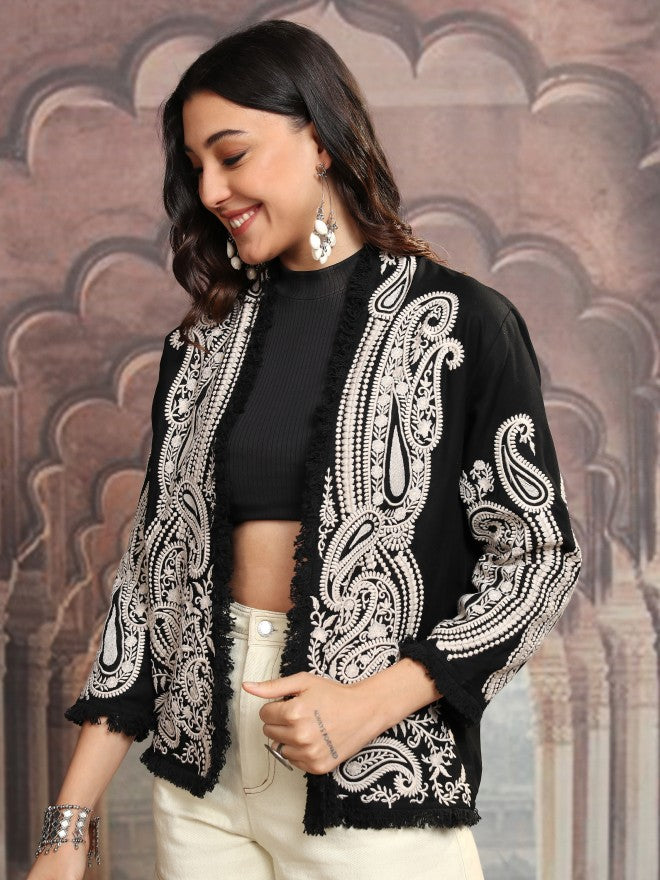 Vishudh Women Black Open Front Jacket - Black - Image 4