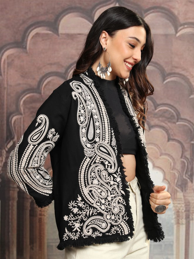 Vishudh Women Black Open Front Jacket - Black - Image 6