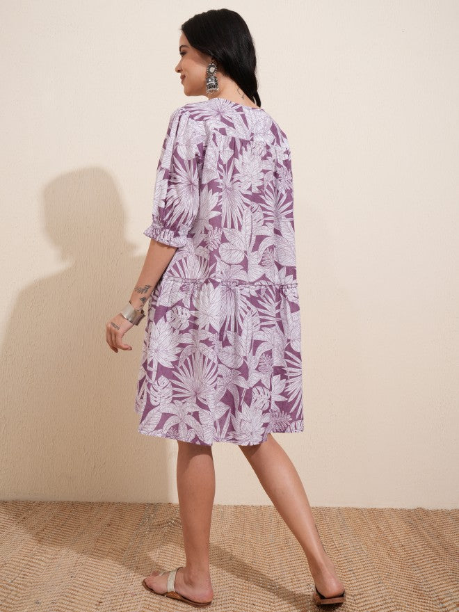 Vishudh women Mauve Printed A-Line Dress - Mauve - Image 3