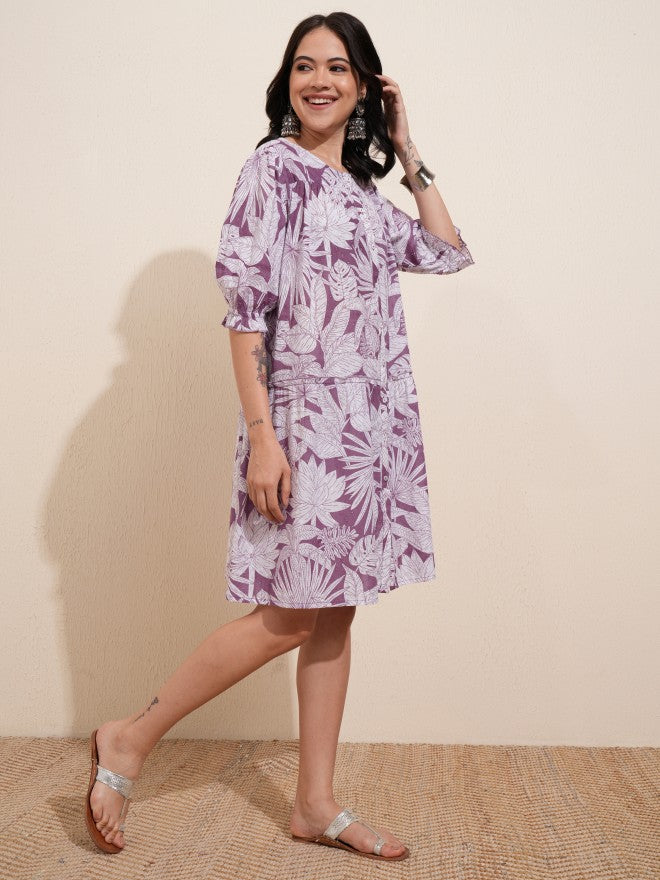 Vishudh women Mauve Printed A-Line Dress - Mauve - Image 6