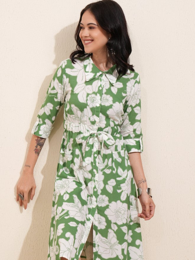Vishudh women Green Printed Shirt Dress - Green - Image 1