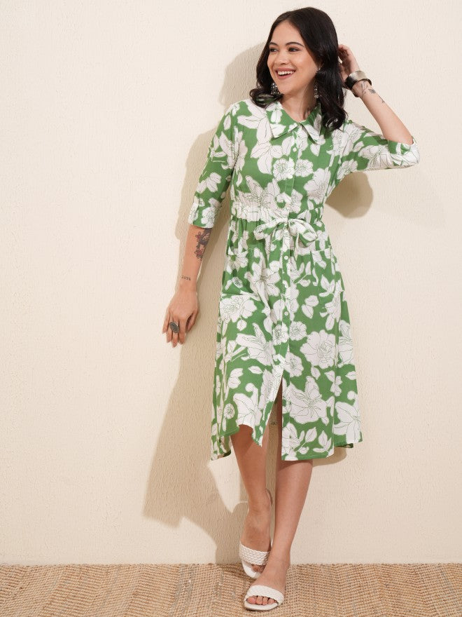 Vishudh women Green Printed Shirt Dress - Green - Image 2