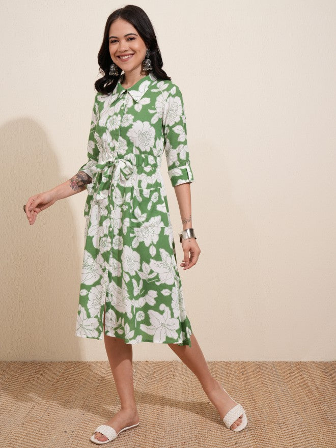 Vishudh women Green Printed Shirt Dress - Green - Image 4
