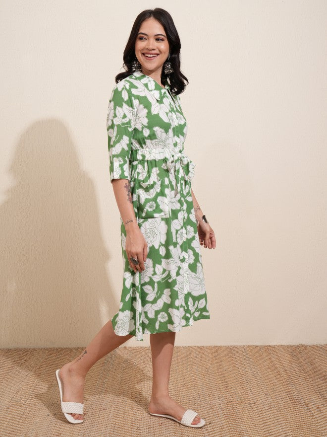 Vishudh women Green Printed Shirt Dress - Green - Image 6