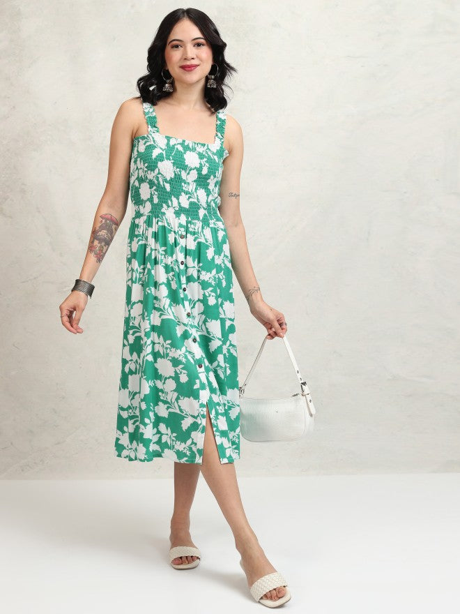 Vishudh women Green Printed A-Line Dress - Green - Image 1
