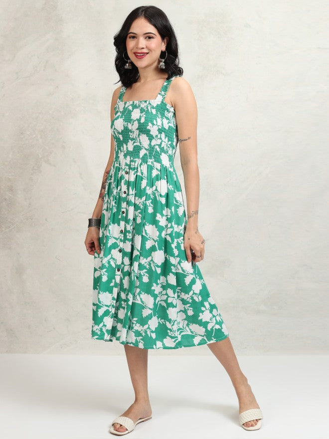 Vishudh women Green Printed A-Line Dress - Green - Image 4