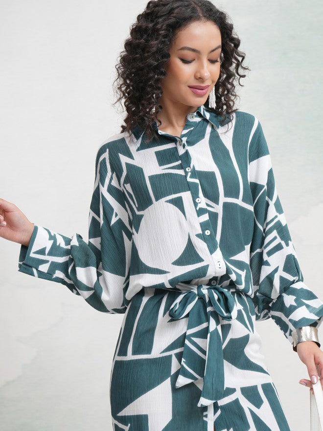 Vishudh Women Teal Printed Shirt Dress - Teal - Image 1