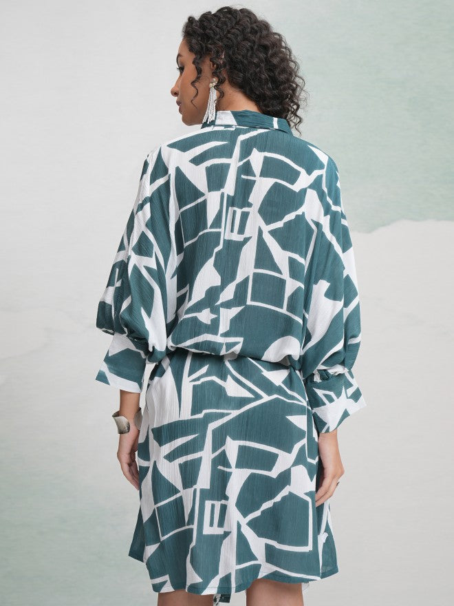 Vishudh Women Teal Printed Shirt Dress - Teal - Image 3