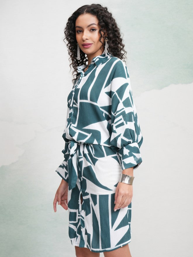 Vishudh Women Teal Printed Shirt Dress - Teal - Image 4