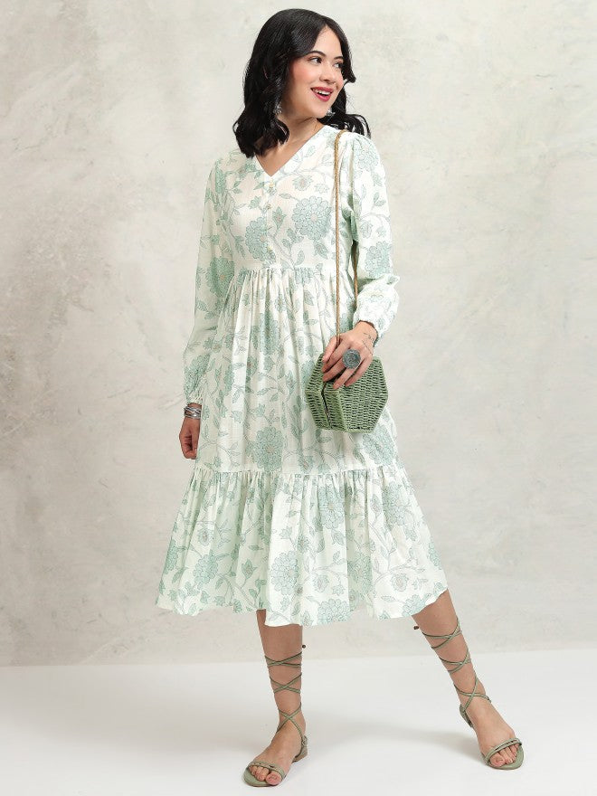 Vishudh women Green Printed Drop-Waist Dress - Green - Image 1