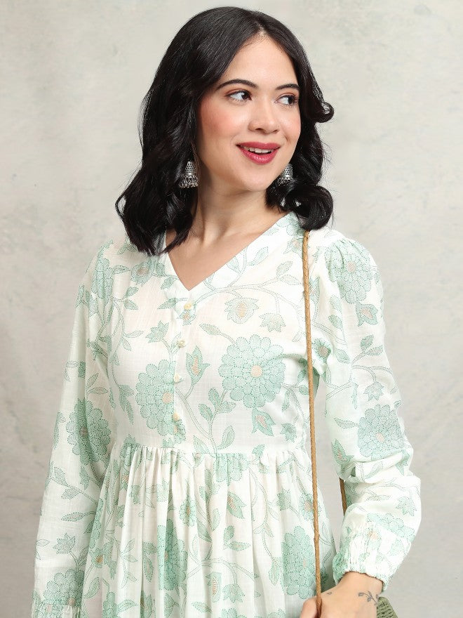 Vishudh women Green Printed Drop-Waist Dress - Green - Image 2