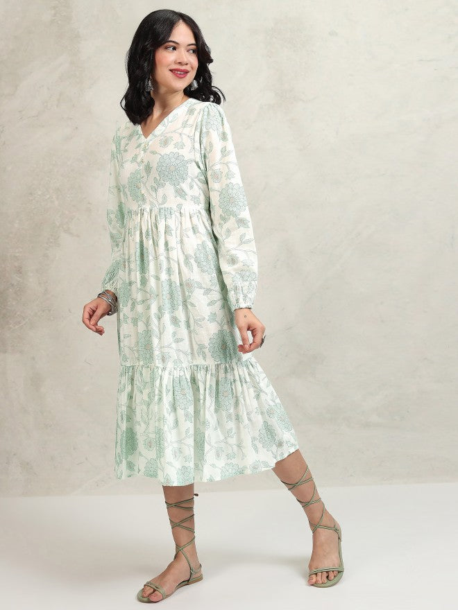 Vishudh women Green Printed Drop-Waist Dress - Green - Image 4