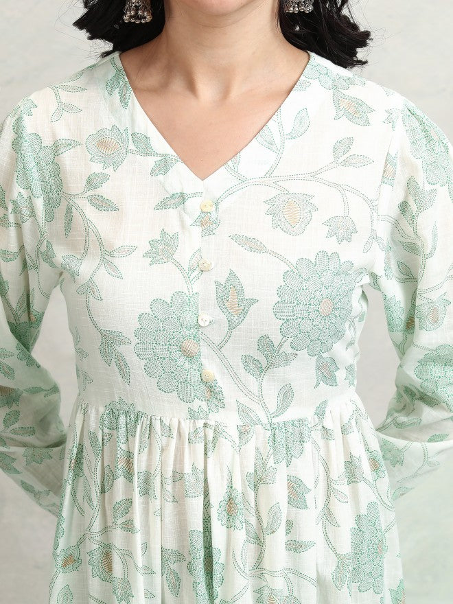Vishudh women Green Printed Drop-Waist Dress - Green - Image 5
