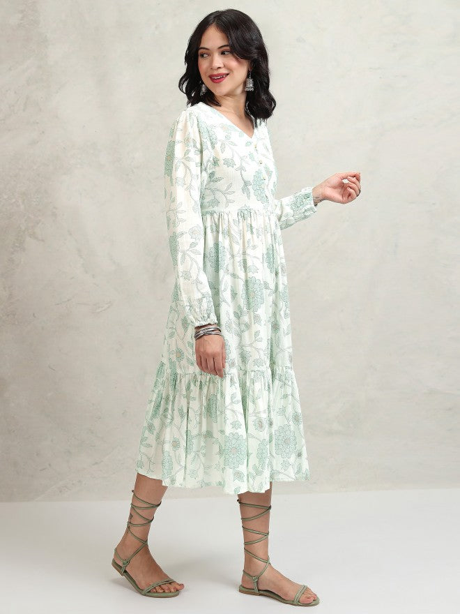 Vishudh women Green Printed Drop-Waist Dress - Green - Image 6