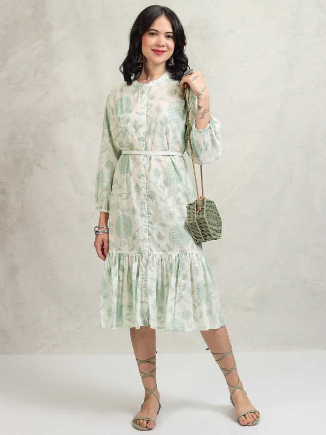Vishudh women Green Printed Drop-Waist Dress - Green - Image 1