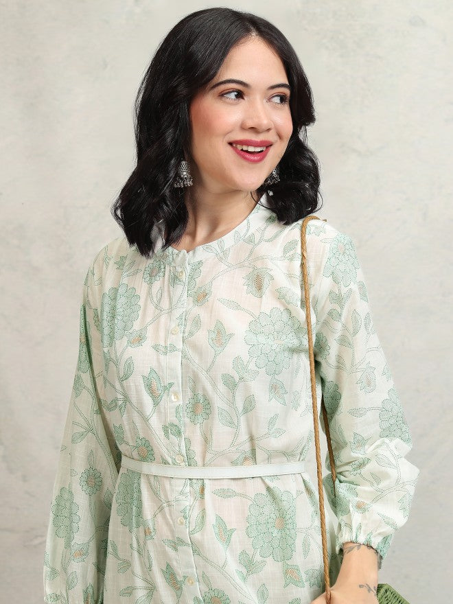 Vishudh women Green Printed Drop-Waist Dress - Green - Image 2